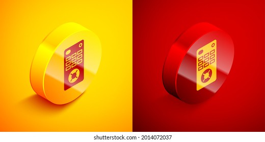 Isometric Remote control icon isolated on orange and red background. Circle button. Vector Illustration