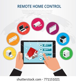 Isometric remote home control, smart home concept. Holding a smart energy controller online home automation system on a digital tablet. Vector illustration