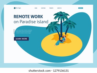 Isometric Remote work on Paradise island, freelancer girl. Website Template Landing page