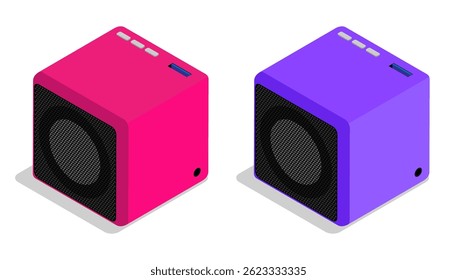 Alto-falante de cubo removível isométrico. Alto-falante musical de pequeno dispositivo portátil. Vetor de vista aérea isométrica isolado em um fundo branco