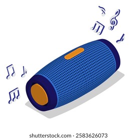 Isometric removable nature party speaker, noisy disco. Portable musical speaker and notes on loud discotheque performance. Isometric vector banner element bottom view