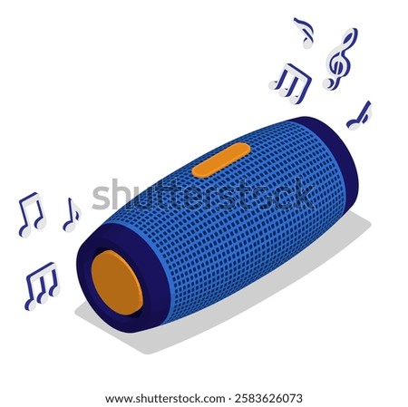 Isometric removable nature party speaker, noisy disco. Portable musical speaker and notes on loud discotheque performance. Isometric vector banner element bottom view