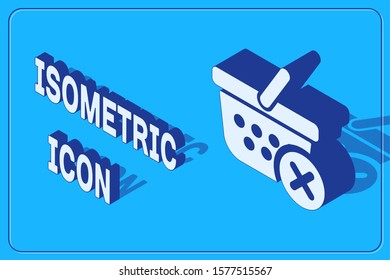 Isometric Remove shopping basket icon isolated on blue background. Online buying concept. Delivery service sign. Supermarket basket and X mark.  Vector Illustration