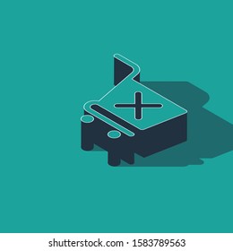 Isometric Remove shopping cart icon isolated on green background. Online buying concept. Delivery service sign. Supermarket basket and X mark.  Vector Illustration