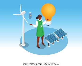 Conceito de Energia Renovável Isométrica com Painéis Solares de Turbina Eólica e ilustração vetorial 3d Especialista Verde