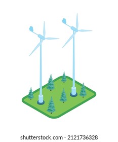 Isometric renewable wind power green energy sources composition with wind turbines among trees vector illustration