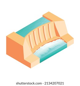 Isometric renewable wind power green energy sources composition with view of hydroelectric station vector illustration