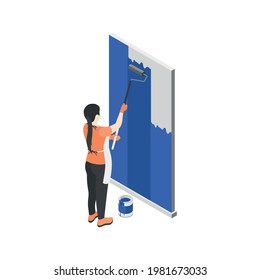 Isometric renovation icon with woman painting wall in blue color with roller 3d vector illustration