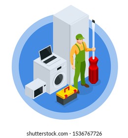 Isometric Repair Of Household Appliances Concept. Call Master Repair Of Household Appliances.