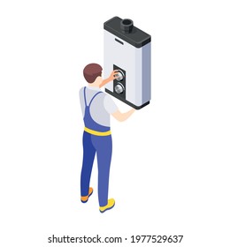 Isometric repairman fixing or installing water heater on white background 3d vector illustration