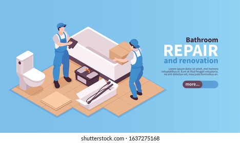 Isometric repairs bath horizontal banner with characters of workers installing bathroom furniture editable text and button vector illustration