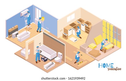 Isometric repairs composition with text and set of apartment rooms and workers performing various decoration works vector illustration