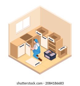 Isometric repairs composition with view of kitchen room with character of repairman vector illustration