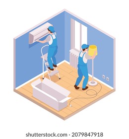 Isometric repairs composition with view of living room with characters of repairmen setting lamp and conditioner vector illustration