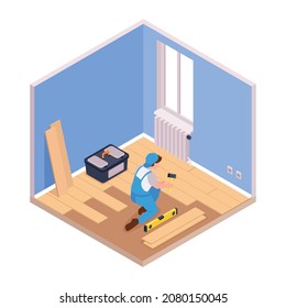 Isometric repairs composition with view of living room with character of repairman renovating floor vector illustration