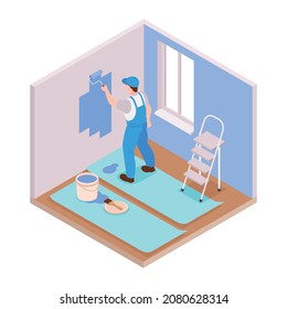 Isometric repairs composition with view of living room with character of repairman painting wall vector illustration