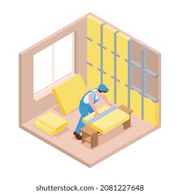 Reparación isométrica de la composición con vista a la sala de estar con carácter de reparador instalando bloques aislantes en la ilustración del vector de pared