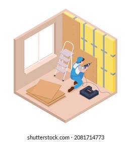 Isometric repairs composition with view of living room with character of repairman renovating wall vector illustration