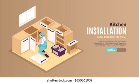 Isometric repairs kitchen horizontal banner with slider button editable text and images of repairman furniture installation vector illustration