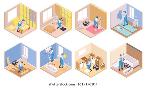 Isometric repairs set of isolated compositions with indoor apartment views representing different stages of decoration works vector illustration