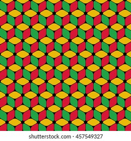 Isometric Repeating Cube Based Pattern Wallpaper - Red Green Yellow Elements on Black Background - Flat Color Graphic