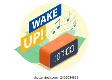 Isometric representation of an alarm clock waking up, with ringing watches accompanied by flashing lightning. Morning alert, time countdown, conveys a last chance sale or approaching deadline