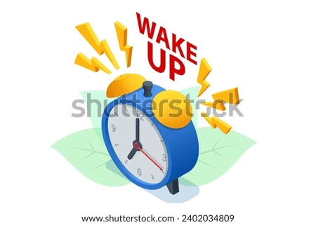 Isometric representation of an alarm clock waking up, with ringing watches accompanied by flashing lightning. Morning alert, time countdown, conveys a last chance sale or approaching deadline
