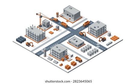 Isometric representation of a busy construction zone with multiple building projects, cranes, and road infrastructure in a growing city block.
