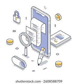 Isometric representation of digital document management, highlighting a smartphone displaying a receipt, a magnifying glass, and security elements. Modern vector illustration