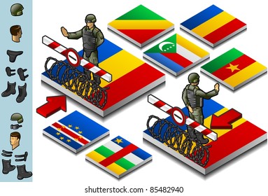 Isometric representation of Frontier militarily closed, outgoing and incoming, on the button flag of african country