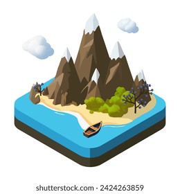 Isometric Representation of an Island with Rugged Coastal Cliffs and Boat Docking