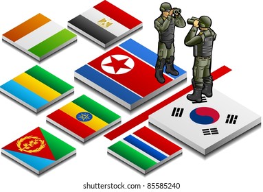 isometric representation of militarized border with military observer on button flag