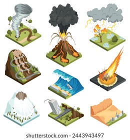 Isometric representation of natural disaster vector illustration set