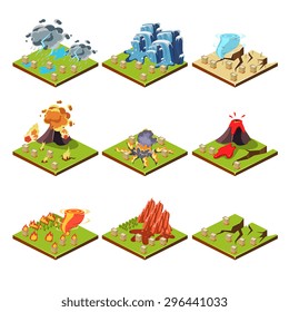 Isometric representation of natural disaster vector illustration set