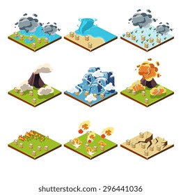 Isometric representation of natural disaster vector illustration set