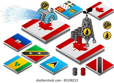 isometric representation of oil and hydroelectric production on button flag