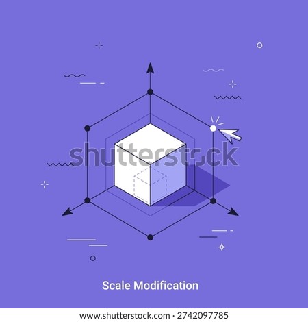 Isometric representation of scaling a cube within a three dimensional coordinate system. Business concept vector illustration in thin line style of growth and modification.
