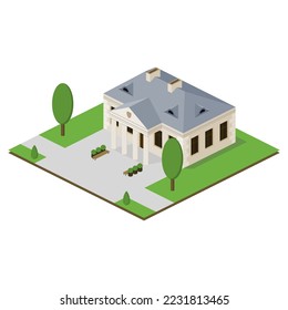 Isometric residental with columns and background.