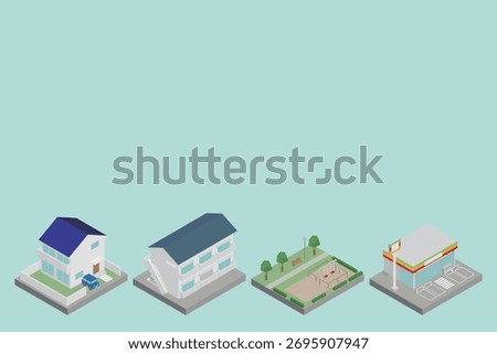 Isometric residential area copy space material (houses, apartments, parks, convenience stores)