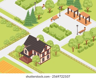 Isometric residential area with houses, a garden, and a park. Great for housing or urban development designs. Vector illustration