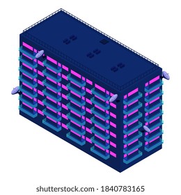 Isometric residential building with balconies and satellite dishes isolated on white. Modern palette. Vector EPS10.