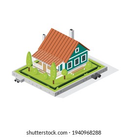 Isometric Residential City Building with Trees and Green Grass on Courtyard. Rural or Suburban House Isolated on White. American Cottage For Real Estate Brochures. Detailed Icon. Vector Illustration.