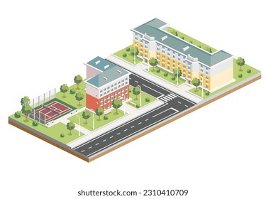 Distrito Residencial Isometric. Dos Edificios De Cinco Plantas. Hotel con pista de tenis. Elemento Infográfico. Ilustración vectorial. Arquitectura urbana aislada en un fondo blanco. Césped trasero.