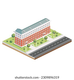 Isometric Residential Five Storey Building. Icon or Infographic Element. Vector Illustration. City Home. Architectural Symbol Isolated on White Background. 3D Object for Video Games.