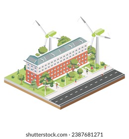 Isometric Residential Five Storey Building with Solar Panels with Wind Turbines. Green Eco Friendly House. Infographic Element. Vector Illustration. City Architecture Isolated on White Background.