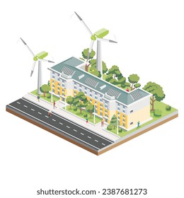 Edificio residencial isométrico de cinco pisos con paneles solares con turbinas eólicas. Casa Ecológica Verde. Elemento Infográfico. Ilustración vectorial. Arquitectura urbana aislada en un fondo blanco.