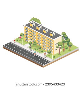 Isometric residential five storey building with people, road and trees. Icon or infographic element. Vector illustration. City home. Architectural symbol isolated on white background. 3D object.