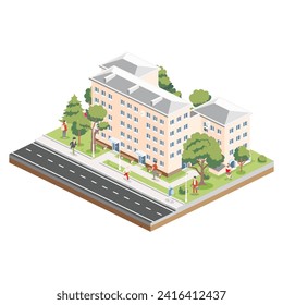 Isometric residential five storey building with people, road and trees. Icon or infographic element. Vector illustration. City home. Architectural symbol isolated on white background. 3D object.