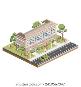 Isometric residential five storey building with people, road and trees. Icon or infographic element. Vector illustration. City home. Architectural symbol isolated on white background. 3D object.