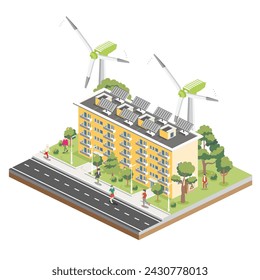 Isometric Residential Five Storey Building with Solar Panels and Wind Turbines. Green Eco Friendly House. Infographic Element. Vector Illustration. City Architecture Isolated on White Background.